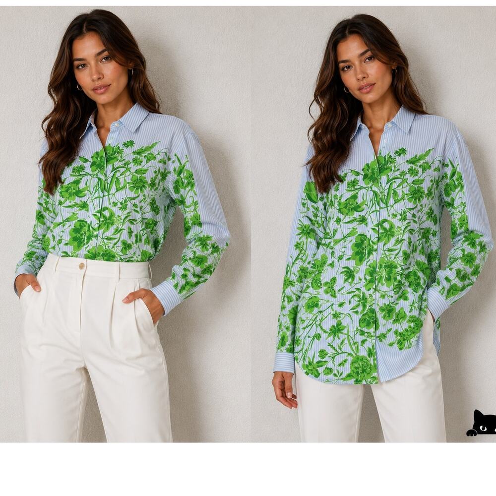 NWT Gucci Blue Green Stripe Floral Print Long Sleeve Button Collar Shirt 44 / L - Picture 3 of 16